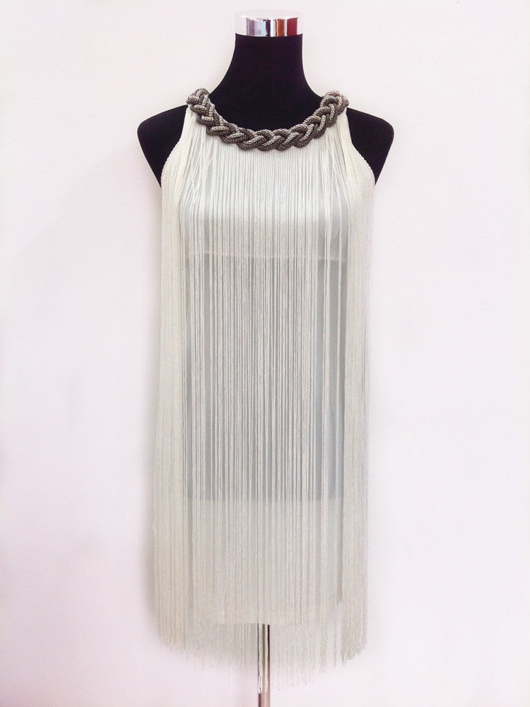 Great Gatsby Ombre Metal Chain Halter Black 1920s Fringe Flapper Charleston Dress
