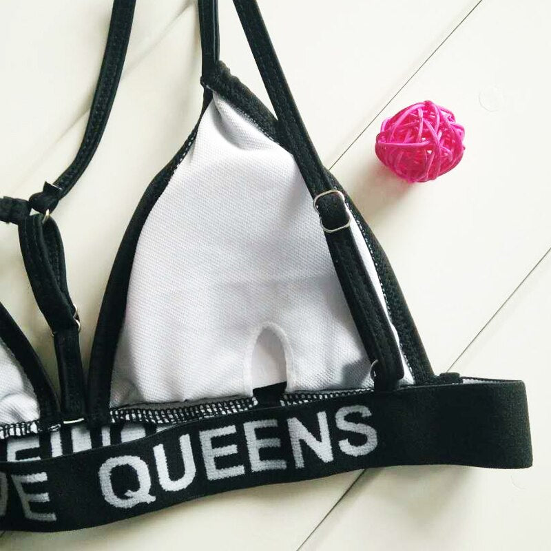 God Save Queens Letter Print Bikini Set Women Swimsuit Cross Strappy Bandage Bathing Suit S-XL Paded Swimwear Brazilian Monokini