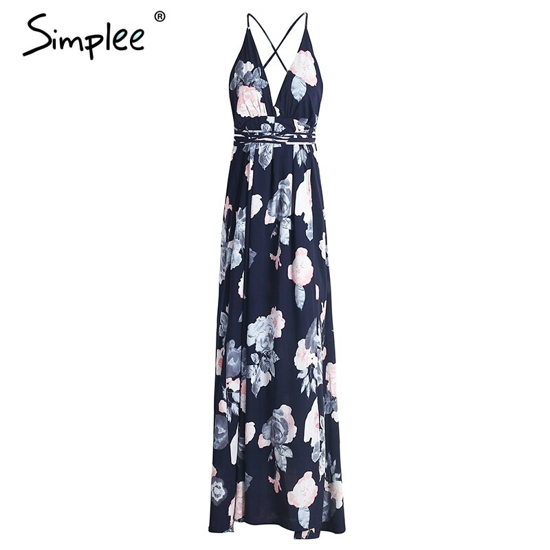 Simplee Sexy backless boho print split maxi dress Women sleeveless cross lace up beach summer dress Soft chiffon long dress robe