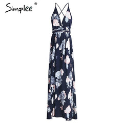 Simplee Sexy backless boho print split maxi dress Women sleeveless cross lace up beach summer dress Soft chiffon long dress robe