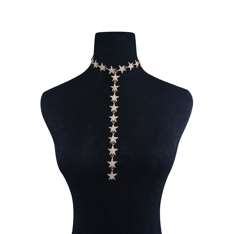KMVEXO Luxury Gold Color Long Five Pointed Stars Choker Necklace 2018 New Crystal Rhinestone Necklace Women Fashion Body Jewelry Secondary image