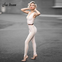 Chic Side Hollow Out Cross Criss Sexy Deep Vneck Women Bandage Jumpsuit