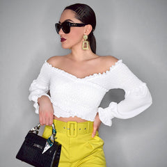 Darlingaga Fashion Chic Smocking White Shirt Women Blouse Long Sleeve Criss-cross Off Shoulder Top Crop Sexy Autumn Shirts Sexy