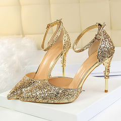 High Heels Sandals Scarpins Metal Heels Sandals Strap Stiletto Glitter Gold Pumps