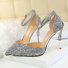 High Heels Sandals Scarpins Metal Heels Sandals Strap Stiletto Glitter Gold Pumps