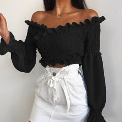 Darlingaga Fashion Chic Smocking White Shirt Women Blouse Long Sleeve Criss-cross Off Shoulder Top Crop Sexy Autumn Shirts Sexy