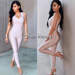 Chic Side Hollow Out Cross Criss Sexy Deep Vneck Women Bandage Jumpsuit