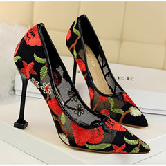 Embroidery pointed toe high heels Sexy cut-out pumps shoes