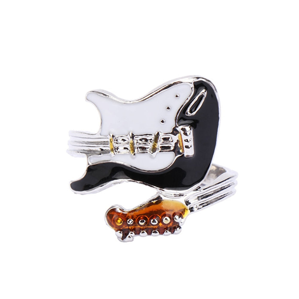 Punk Style Personality Exaggeration European Lovers&#39; Black White Color Oiled Guitar Ring Finger Jewelry