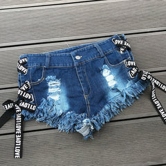 Love Low Waist Bandage Denim Ripped Hole Short Jeans