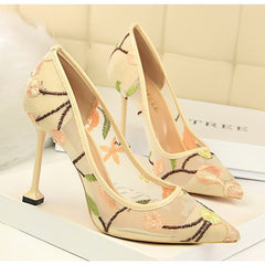 Embroidery pointed toe high heels Sexy cut-out pumps shoes