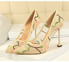 Embroidery pointed toe high heels Sexy cut-out pumps shoes