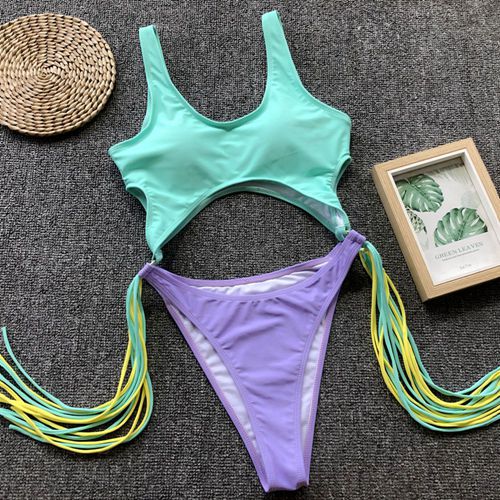 Splicing High Cut Out One Piece Tassel Swimwear