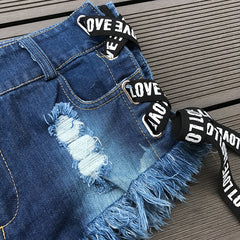 Love Low Waist Bandage Denim Ripped Hole Short Jeans