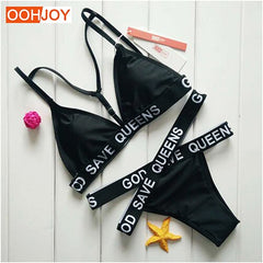 God Save Queens Letter Print Bikini Set Women Swimsuit Cross Strappy Bandage Bathing Suit S-XL Paded Swimwear Brazilian Monokini