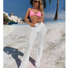 Beach See-through Mesh High Waist Elastic Sheer Wide Leg Pants Trousers Bikini Cover Up