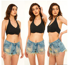 Women Sexy Denim Shorts Tassel Ripped Jeans Rhinestone Embellished Diamond Short Trouser Nightclub Outfit Matching Plus Size