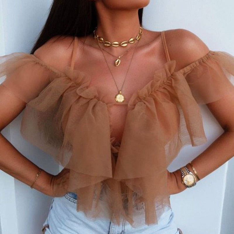 Yimunancy Mesh Bodysuit Women Perspective 2020 Spring Off Shoulder Skinny Bodysuit Ladies Ruffle Sexy Bodysuit Summer Overalls