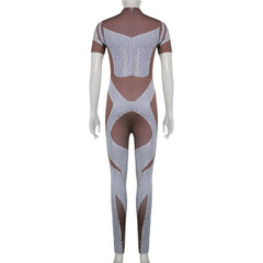 CIBBAR Color Blocking Skinny Biker Printing Jumpsuits Women Retro Fashion Short Sleeve Sexy Bodycon Streetwear Overalls Autumn