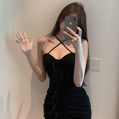 Wenfly Women Bodycon Halte Dress Sweet Lace-up Backless Strapless Drawstring Pleated Mini Sexy Summer Beach Elegance