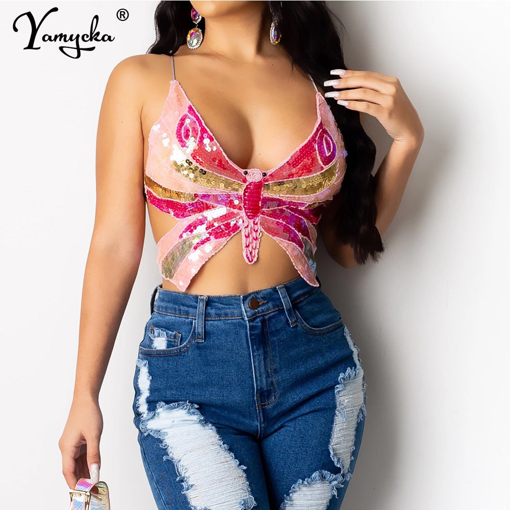 Sexy Halter Sequin Butterfly Top Corset y2k Crop Top Women Summer Top Club Womens Tops Backless Party Vintage Clothes Tank Top