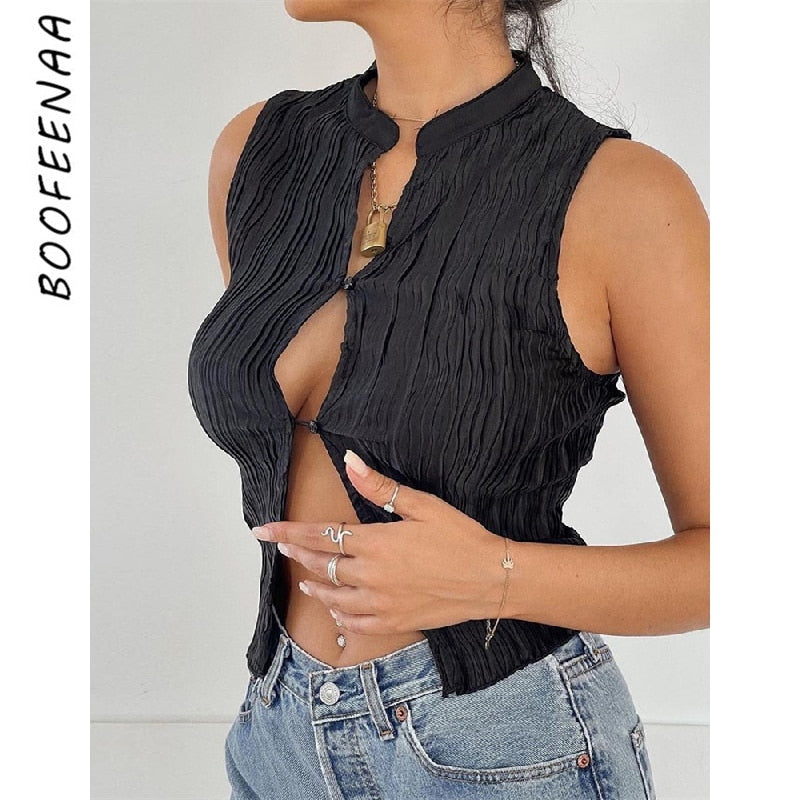 BOOFEENAA Black Buton Up Sleeveless Crop Top Y2k Vest Summer 2022 Sexy Fashion T Shirt Women Clothing Club Wear C82-BE10
