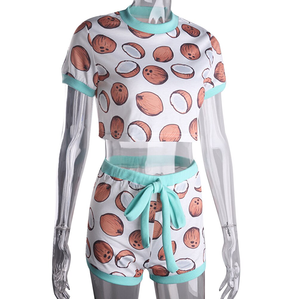2PCS Set Retro Fashion Women Coconut Candy Print Causal Summer Suits Short Sleeve Crop Tops Skinny Shorts Tracksuit