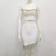 High Quality White Black Sparkly Tassel Two Pieces Set Weaving Rayon Bandage Dress Elegant Club Party Dress Vestidos