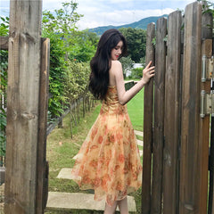 Women Midi Floral Halter Slip Dress Summer 2022 Vintage Painting Flowers Backless Casual Party Night Vacation Runway Vestidos