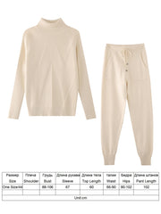 TYHRU Autumn Winter Women&#39;s tracksuit Solid Color Striped Turtleneck Sweater and Elastic Trousers Suits Knitted Two Piece Set