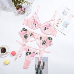 Yimunancy Floral Embrodiery Lace Lingerie 3 Piece Set Sexy Underwear Women Bra and Panties Sets Bra Lingeries Feminina