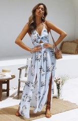 Bohemian Beach Dress Women Summer Casual Sleeveless Split Floral Off Shoulder Maxi Long Boho Dress Clothing Robe Female