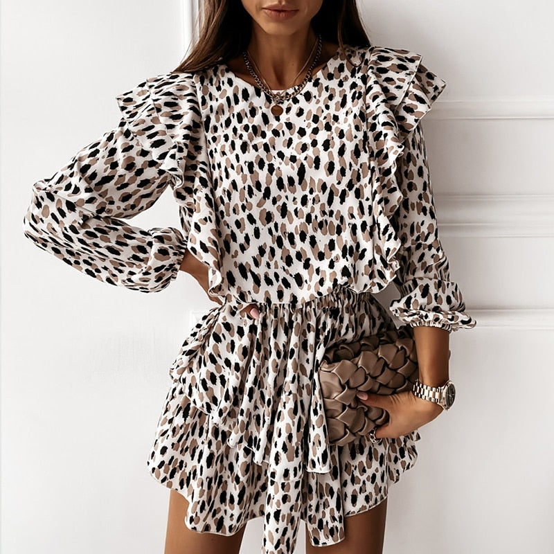 Ruffle Floral Leopard Print Dress