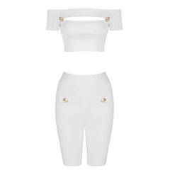 PB Chic White Two Pieces Suit Sexy Key Hole Design Button Embellised Celebrity Party Club Bandage Crop Tops Shorts Set
