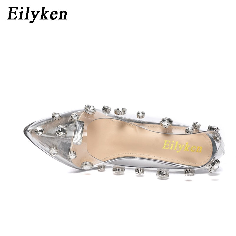 Eilyken 2022 Design Rivet Crystal Pumps Wedding Women Shoes High Heels PVC Transparent Sexy Night Club Femme Shoes