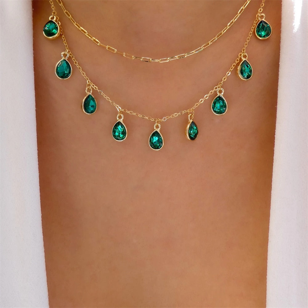 Multilayered Green Stone Water Drop Alloy Necklace Main image