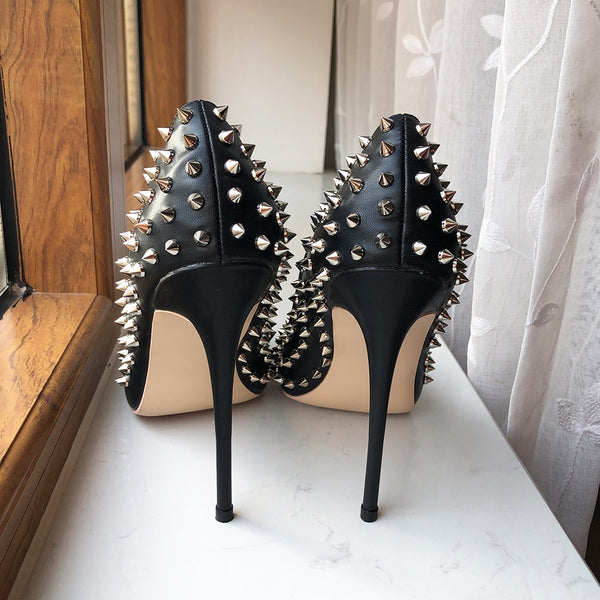 Silver Spikes Women Black Matte Sexy Stiletto High Heels