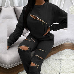 Fashion New Zipper Hollow Out Two-Piece Set Long Pant Ladies Streetwear Suits