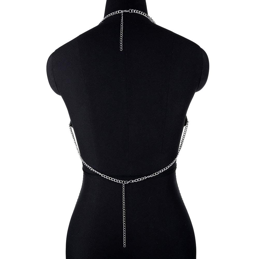 Silver Mirror Decor Bra Fixed Halter Lingerie Chain Women Summer New Fashion Sexy Nightclub Backless Body Chain Jewelry