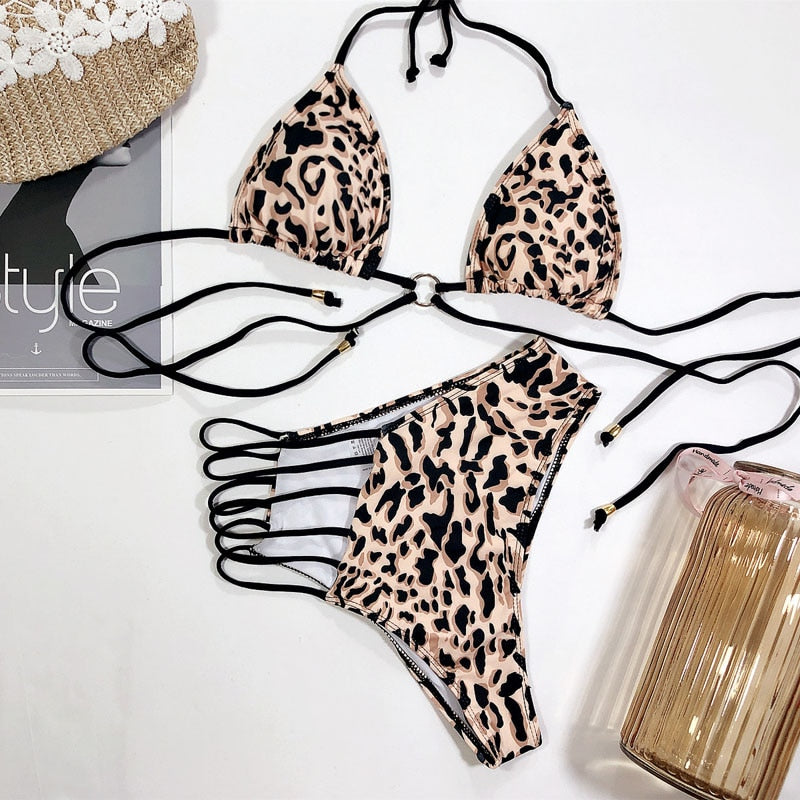 Leopard High Waist String Bikini Set Hollow Out Swimsuit ON sale