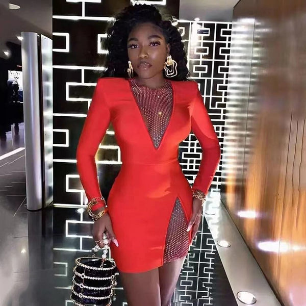 Beading Long Sleeve Rayon Bandage Sexy Hollow Out Mini Runway Dress