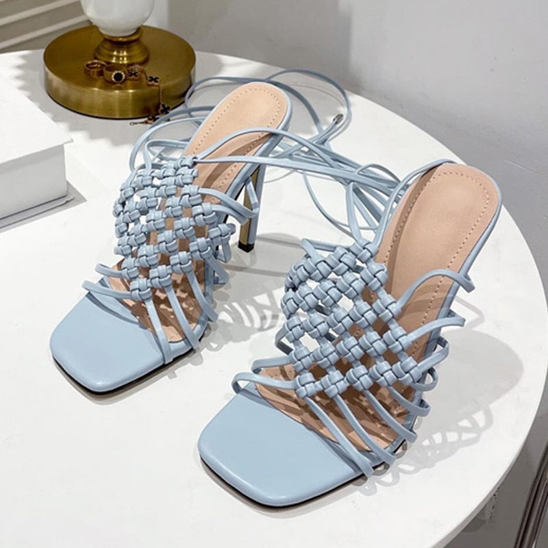 Fashion Handmade Design Weave Hollow Gladiador Sandals Women Summer Orange Square Toe Cross-Tied Stiletto Heels Ladies Shoes