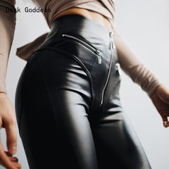 Gothic Punk High Waist Straight Leg Leather Pants Women&#39;s Tights PU Leather Pants Sexy Tight Black Pants Zipper Motorcycle Pants
