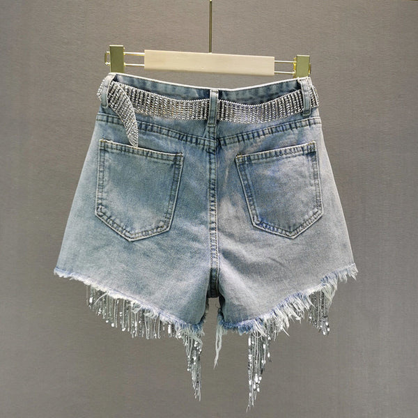 Elegant Shorts Lady Tassel Beading High Waist Wide Leg Denim one-piece