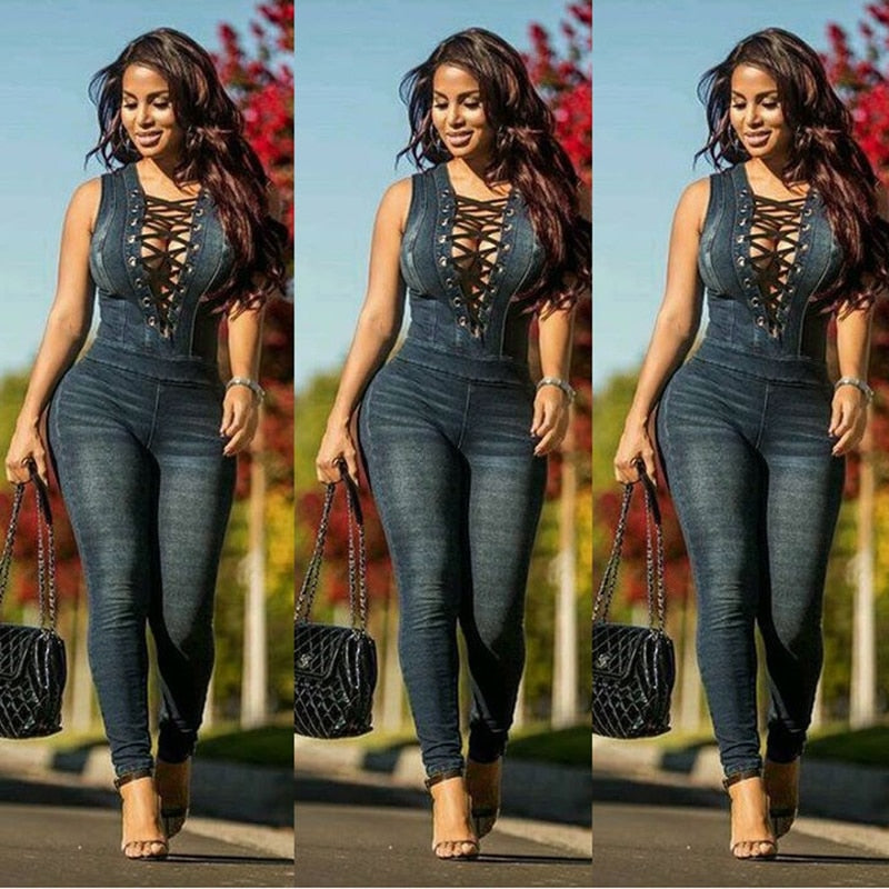 New Style 2XL Size Denim Rompers Overalls Women Skinny Jeans Sexy Blue Lace-up V Neck Sleeveless Denim Jumpsuits Bodysuit 2021