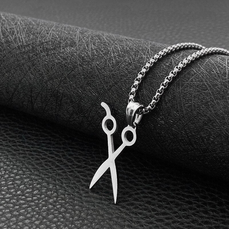 Stainless Steel Heart Scissors Haircut Barber Men's Necklace Pendant Chain