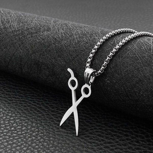 Stainless Steel Heart Scissors Haircut Barber Men's Necklace Pendant Chain