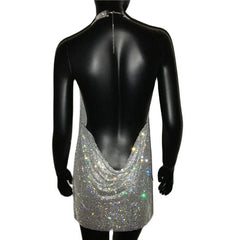 2022 NEW Sexy Deep V Neck Crystal Dress Women Luxury Rhinestone Halter Dance Party Diamante Backless Split Mini Dresses