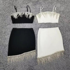 High Quality White Black Sparkly Tassel Two Pieces Set Weaving Rayon Bandage Dress Elegant Club Party Dress Vestidos