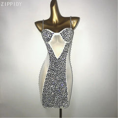 Glisten Pearls Silver Stones Mesh Dress Women Singer Stage Wear Transparent Evening Birthday Party Sexy Short Dress